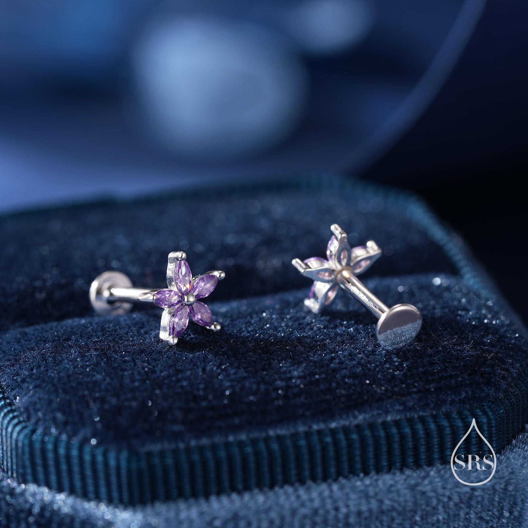 Sterling Silver Purple Amethyst CZ Flower 16G Internally Threaded Flat Back Earrings