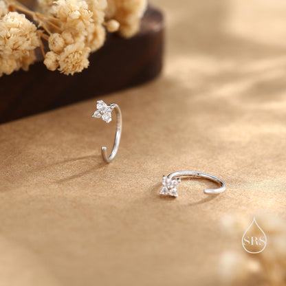 CZ Hydrangea Flower Huggie Hoop Earrings in Sterling Silver, Tiny CZ Open Hoops, Pull Through Threaders, Half Hoops