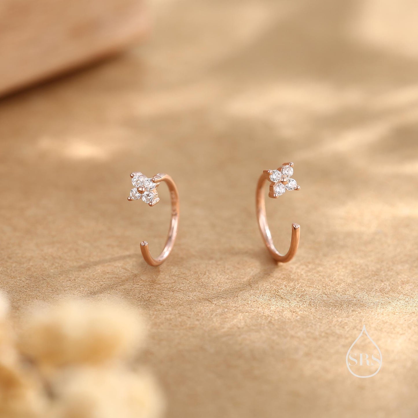 CZ Hydrangea Flower Huggie Hoop Earrings in Sterling Silver, Tiny CZ Open Hoops, Pull Through Threaders, Half Hoops