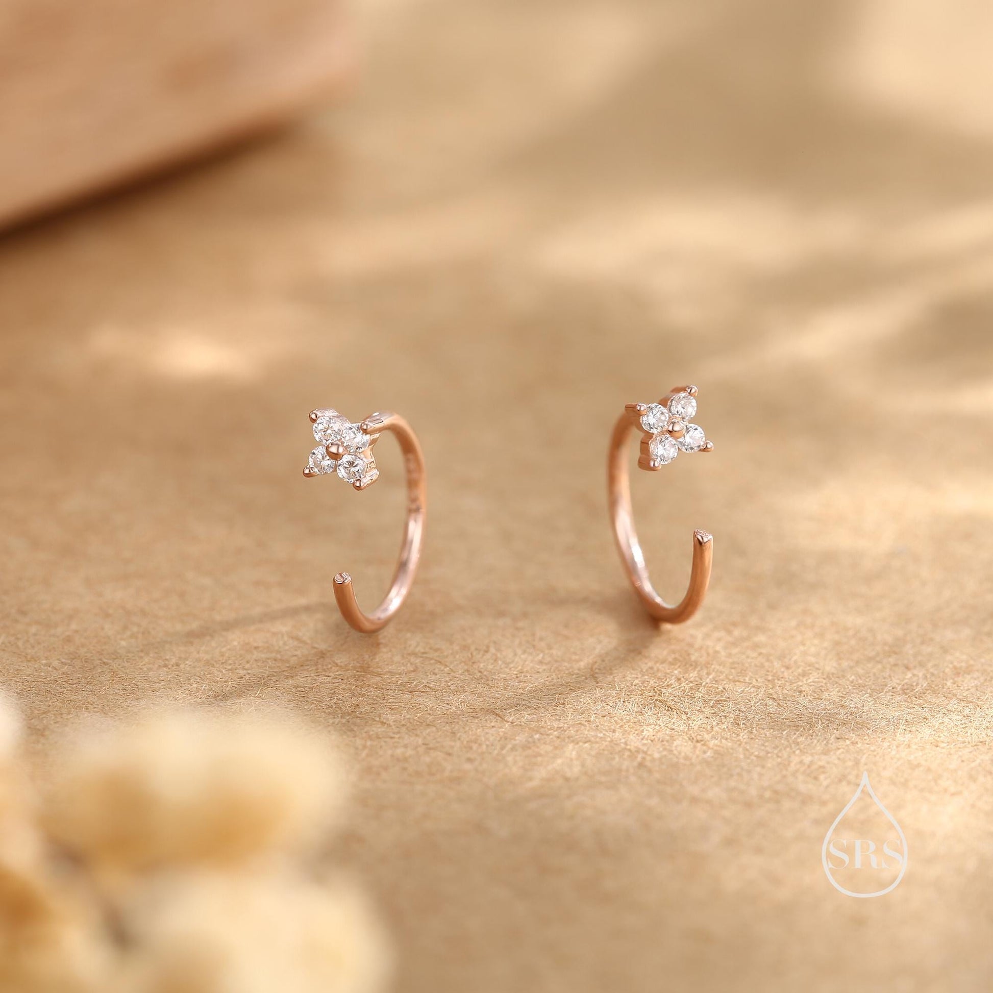 CZ Hydrangea Flower Huggie Hoop Earrings in Sterling Silver, Tiny CZ Open Hoops, Pull Through Threaders, Half Hoops