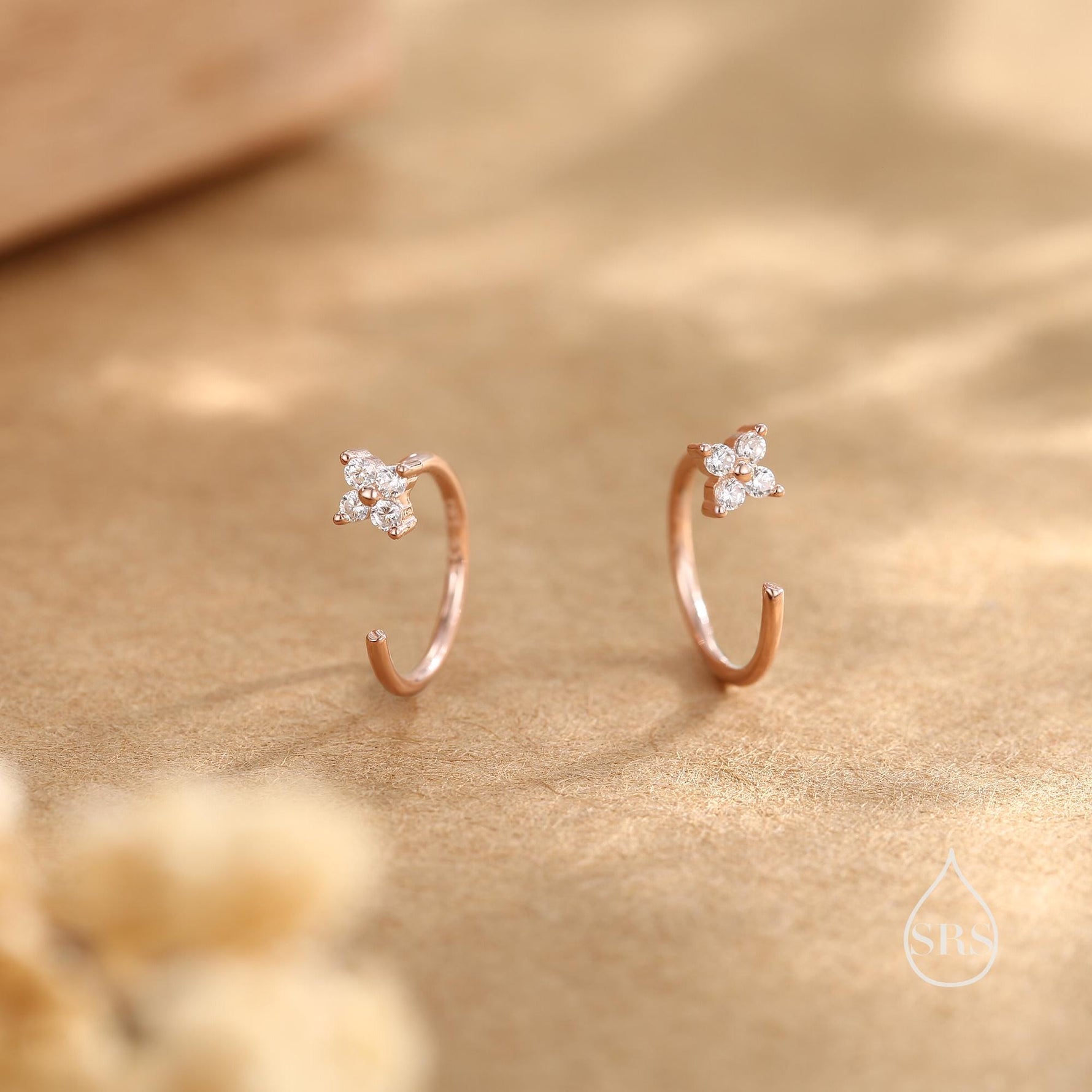 CZ Hydrangea Flower Huggie Hoop Earrings in Sterling Silver, Tiny CZ Open Hoops, Pull Through Threaders, Half Hoops