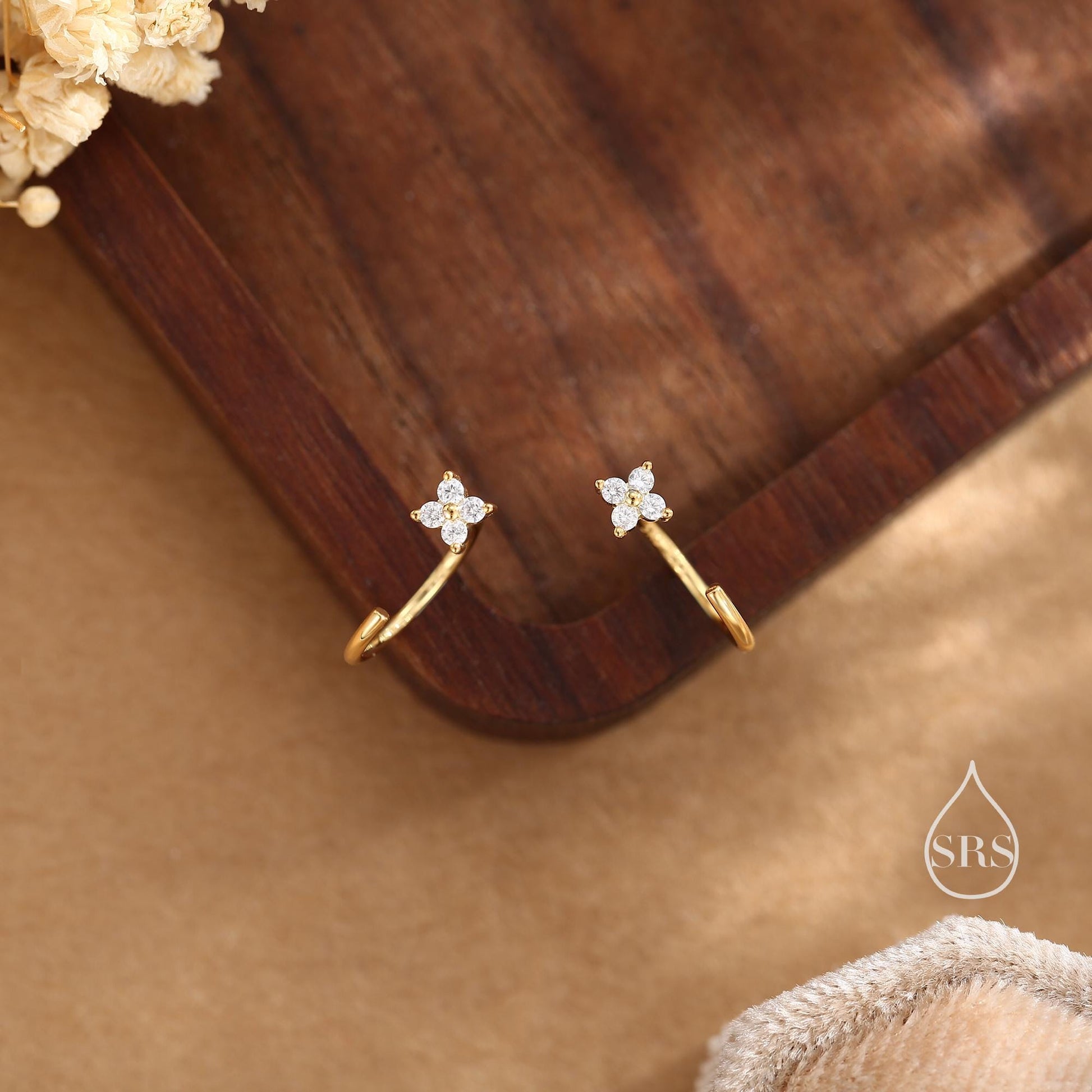 CZ Hydrangea Flower Huggie Hoop Earrings in Sterling Silver, Tiny CZ Open Hoops, Pull Through Threaders, Half Hoops