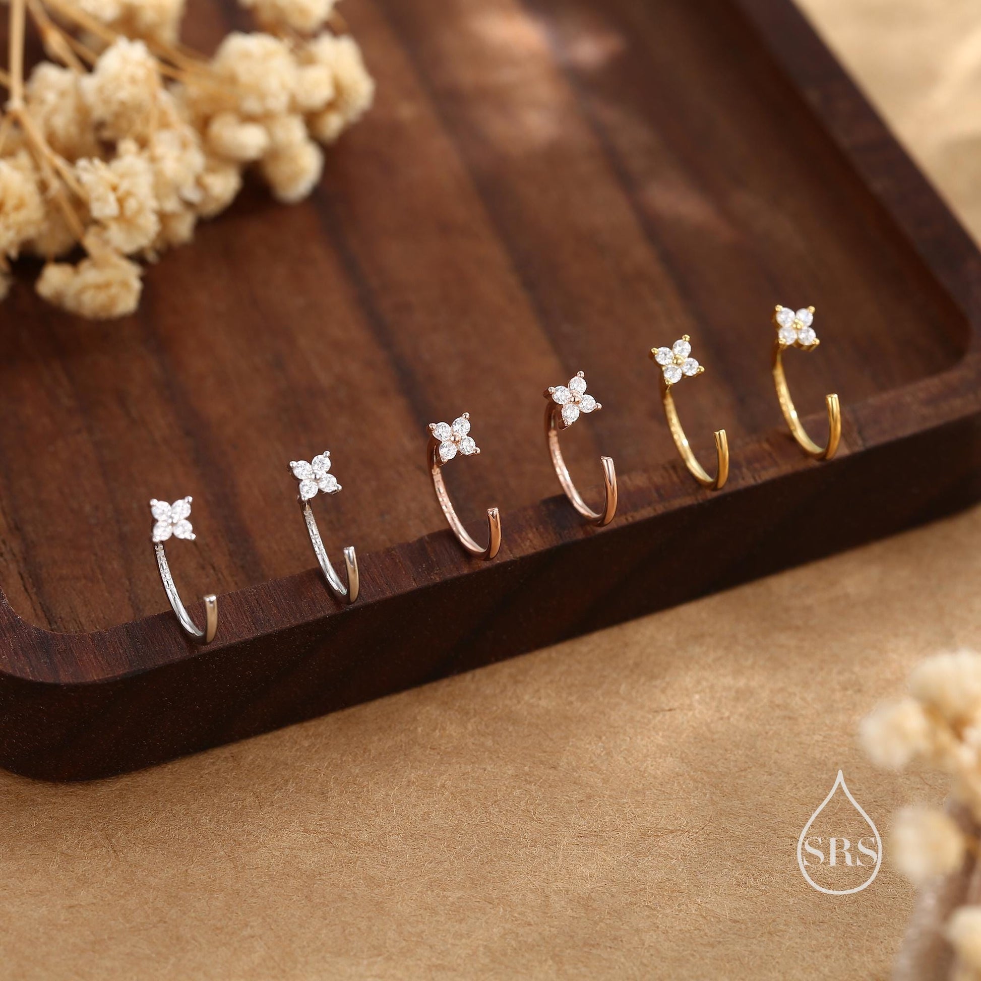 CZ Hydrangea Flower Huggie Hoop Earrings in Sterling Silver, Tiny CZ Open Hoops, Pull Through Threaders, Half Hoops
