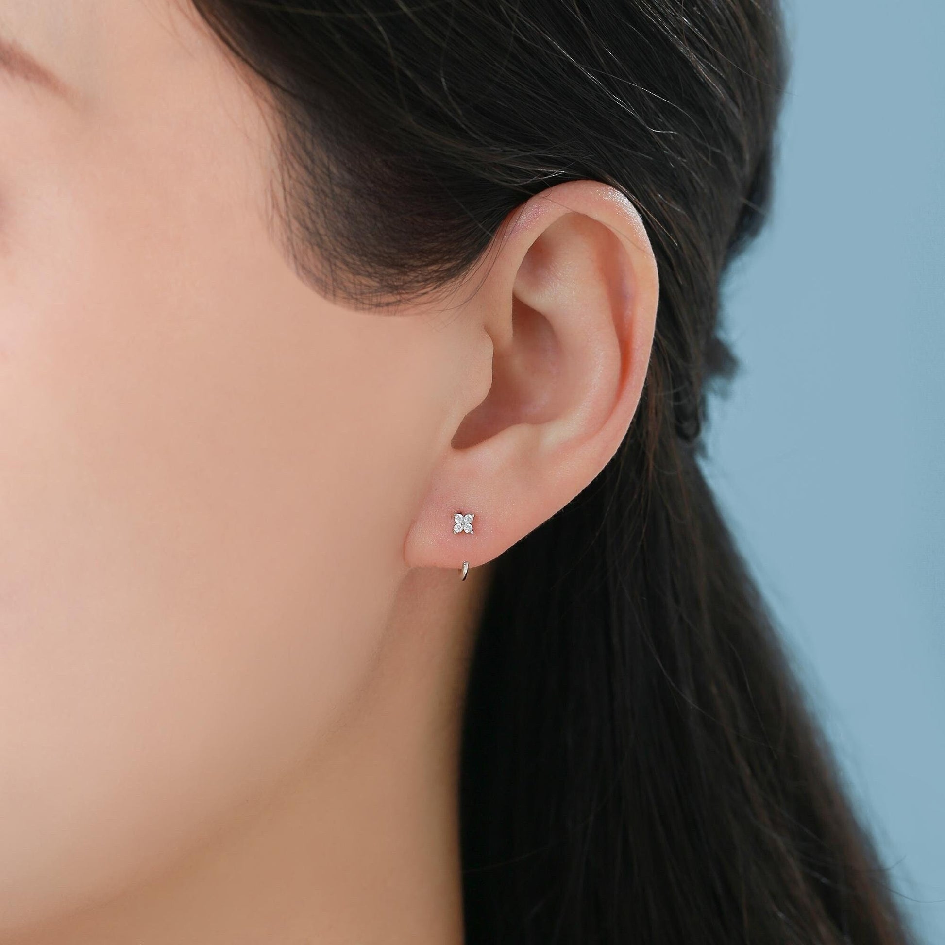 CZ Hydrangea Flower Huggie Hoop Earrings in Sterling Silver, Tiny CZ Open Hoops, Pull Through Threaders, Half Hoops