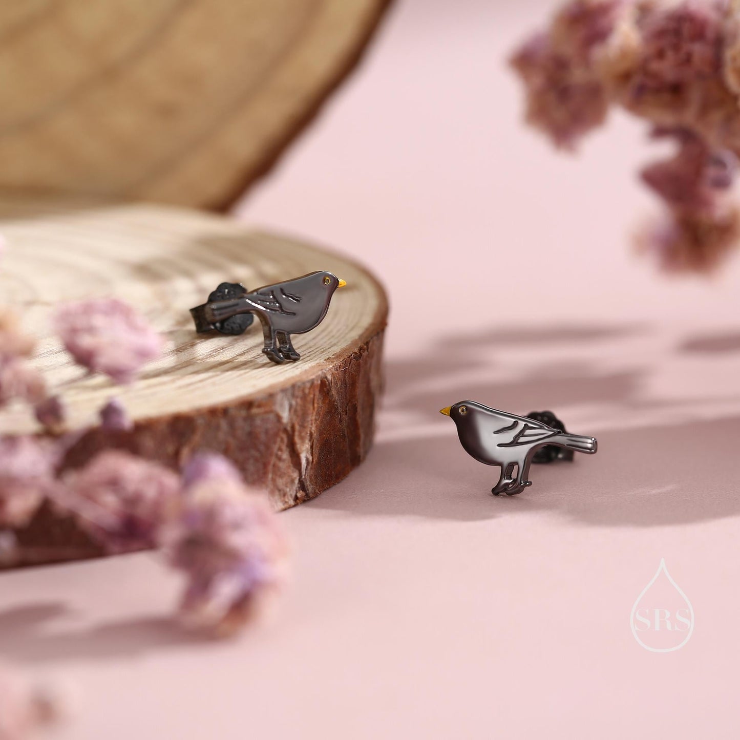 British Black Bird Stud Earrings in Sterling Silver with Yellow Beak - Black Rhodium Coated Sterling Silver, Animal Stud Earrings