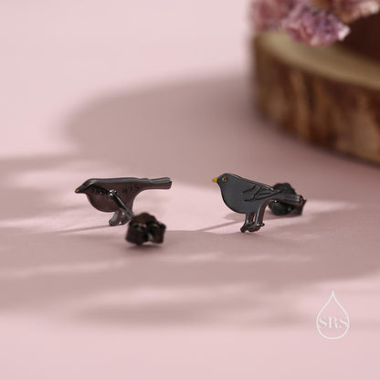 British Black Bird Stud Earrings in Sterling Silver with Yellow Beak - Black Rhodium Coated Sterling Silver, Animal Stud Earrings