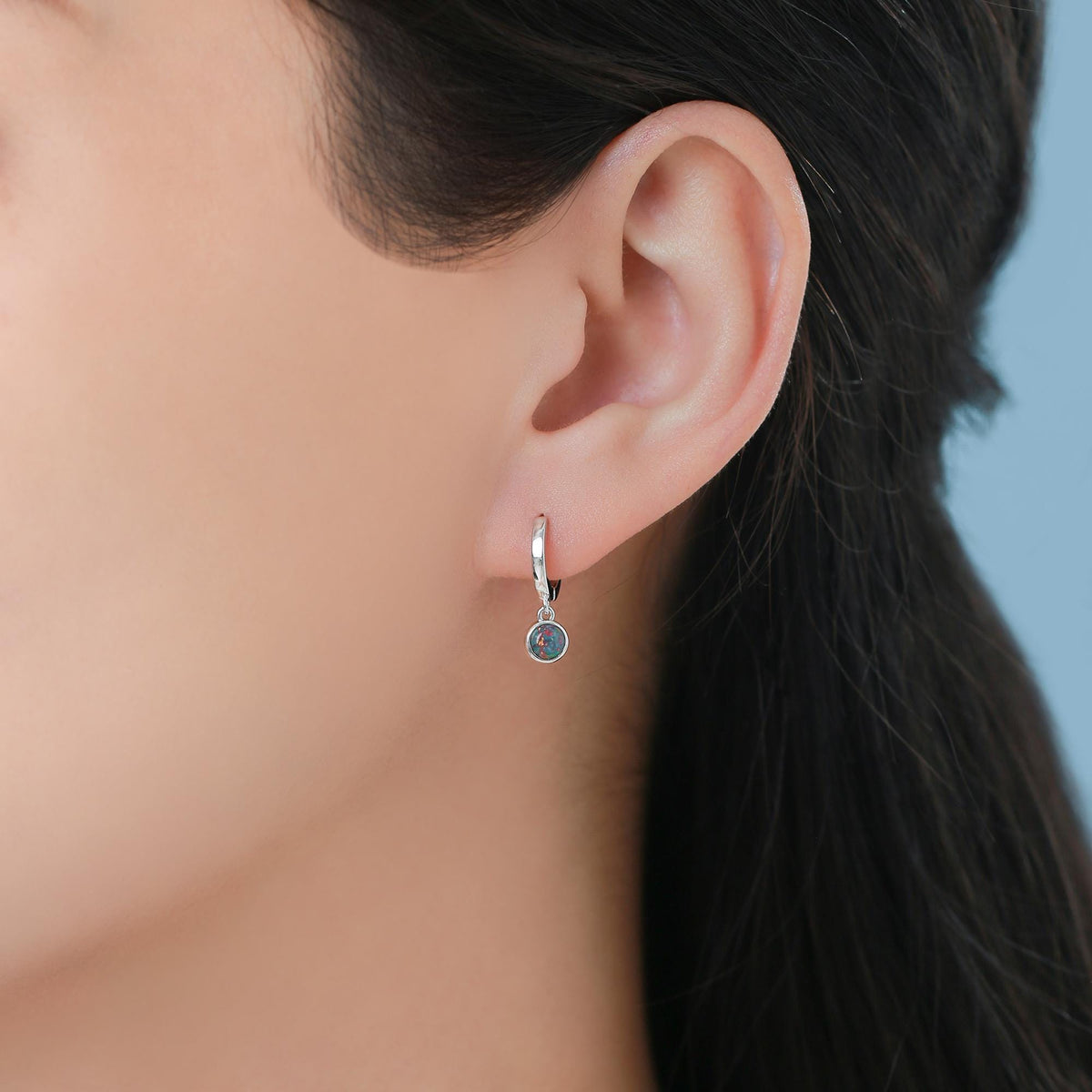 Sterling Silver Dangling Black Opal Hoop Earrings, Lab Created Black Opal Charm Dangle Hoop Earrings, Silver or Gold