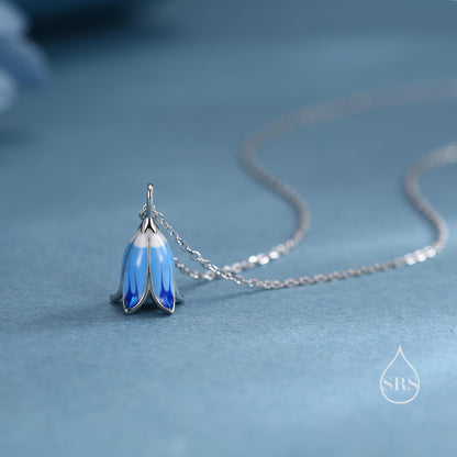 Sterling Silver Enamel Bluebell Flower Pendant Necklace, Dainty Dangle Bluebell Flower Necklace, Snowdrop Earrings, Spring Flowers