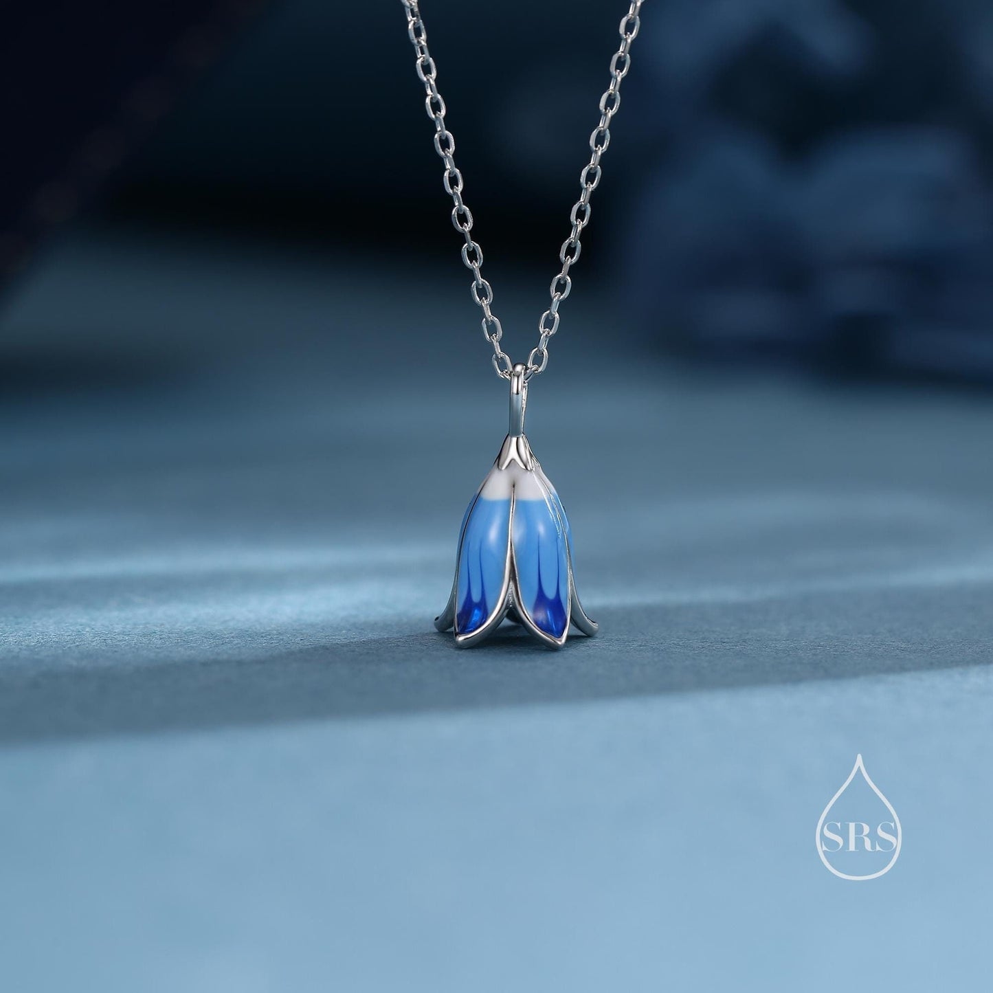 Sterling Silver Enamel Bluebell Flower Pendant Necklace, Dainty