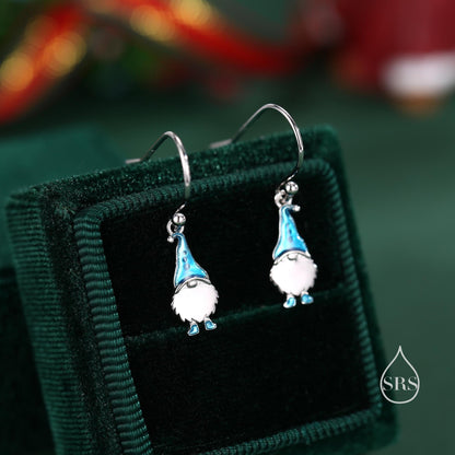 Tiny Gnome Drop Hook Earrings in Sterling Silver with Hand Painted Enamel, Winter Earrings, Snowman Earrings, Christmas Earrings