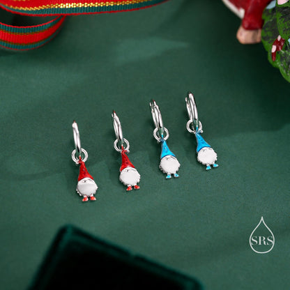 Tiny Gnome Huggie Hoop Earrings in Sterling Silver with Hand Painted Enamel, Winter Earrings, Snowman Earrings, Christmas Earrings