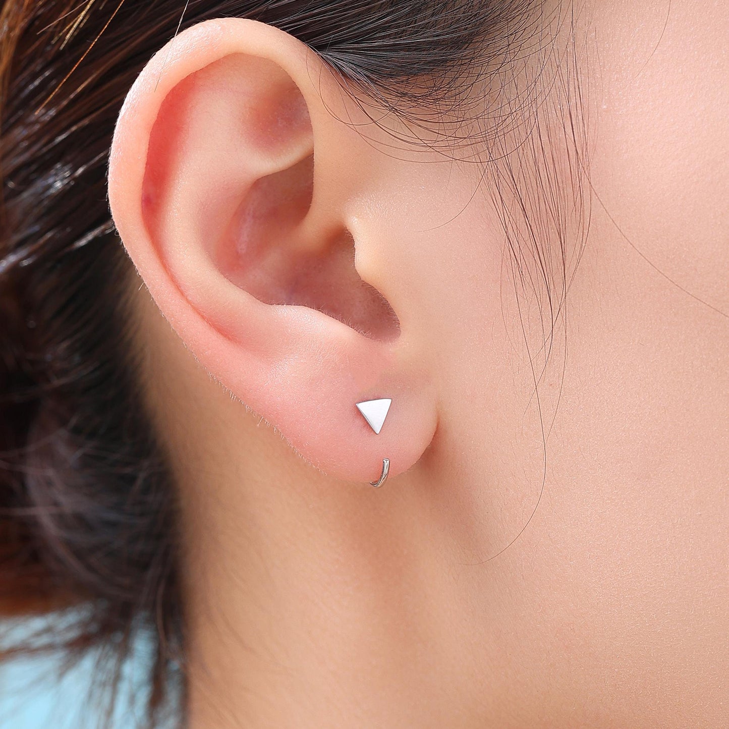 Tiny Triangle Huggie Hoop Earrings in Sterling Silver, Open Hoop Pull-Through Threader Earrings, Half Hoop Earrings, Silver, Gold, Rose Gold