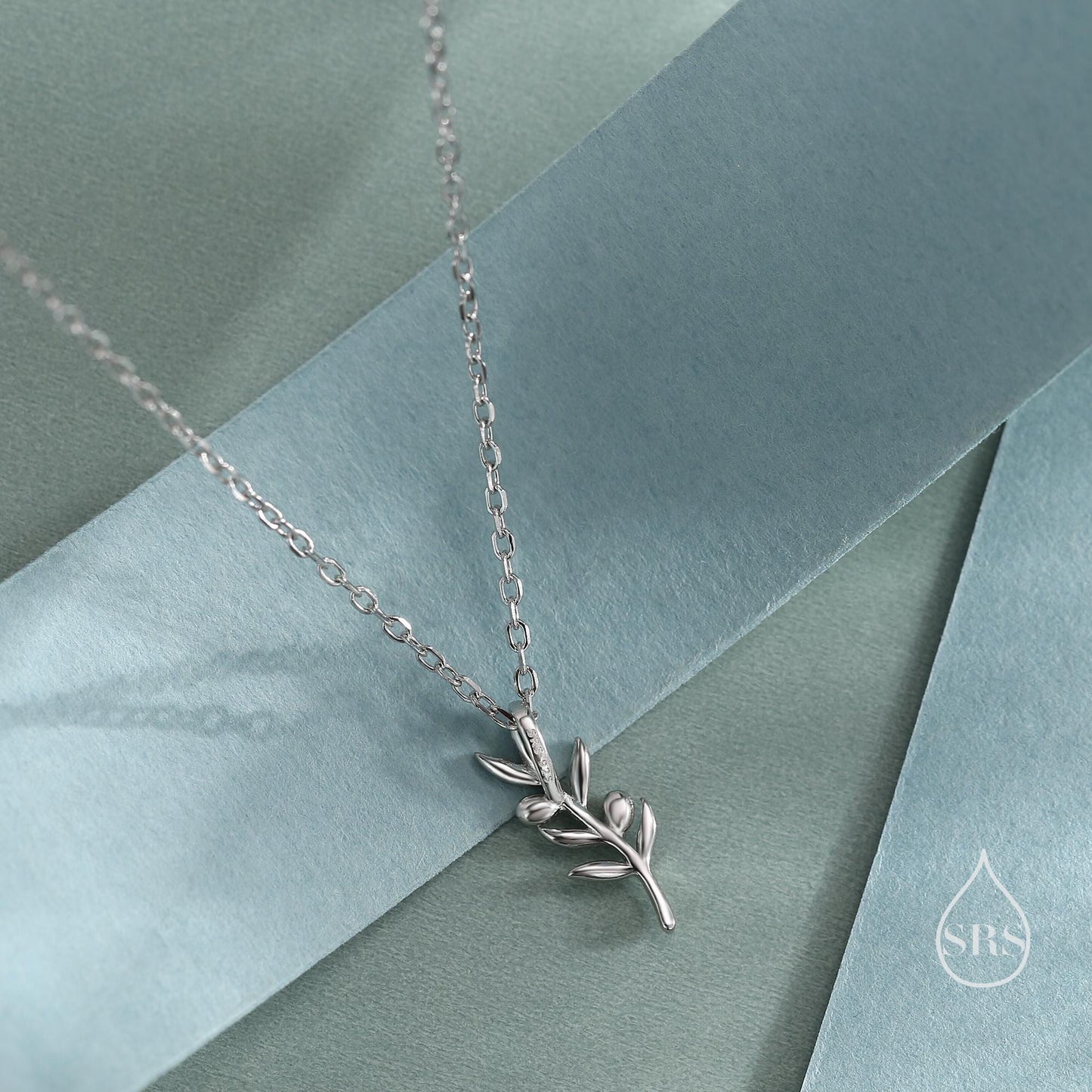 Tiny Olive Branch Pendant Necklace in Sterling Silver, Available in two finishes, Olive Leaf Necklace in Silver