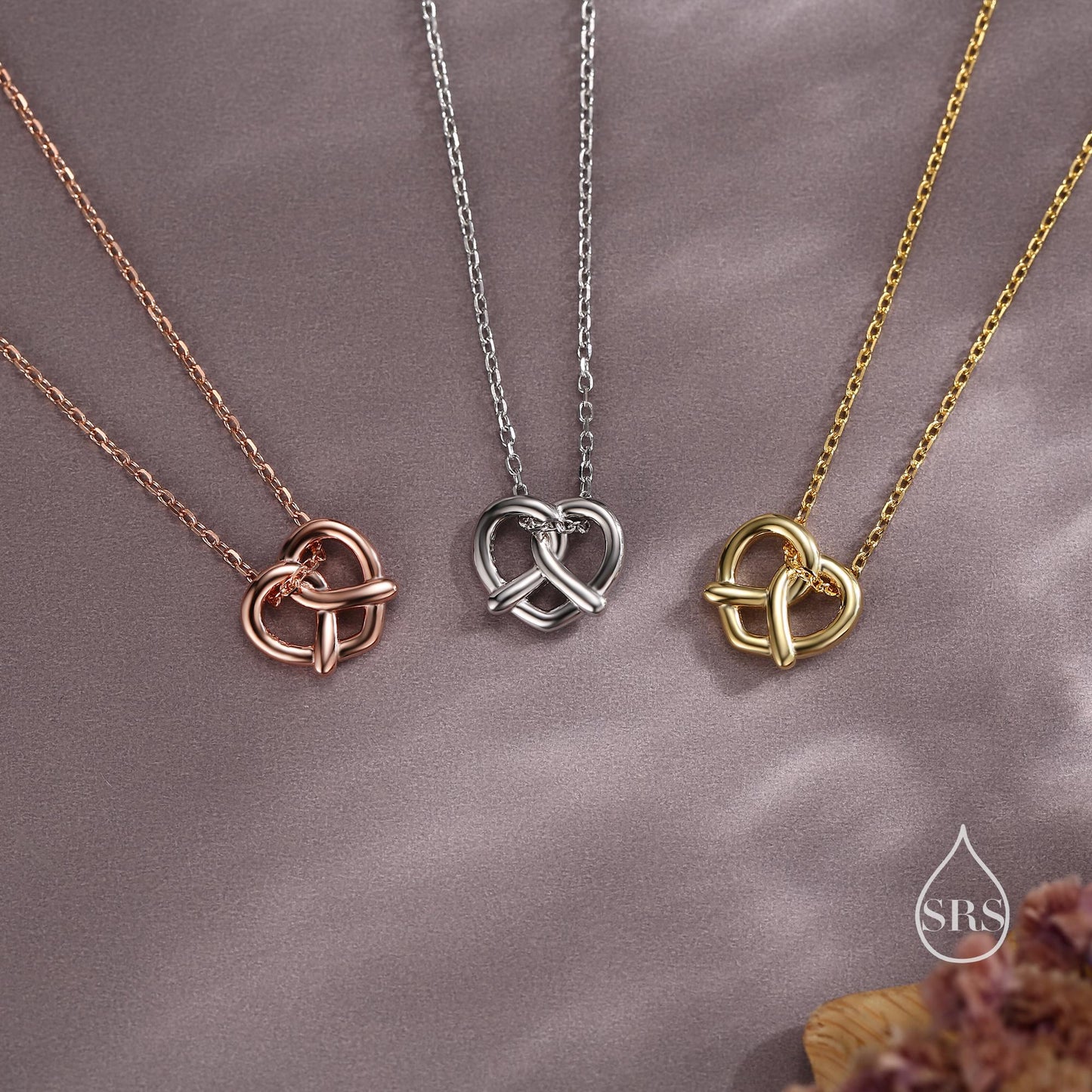 Tiny Pretzel Heart Knot Pendant Necklace in Sterling Silver, Silver or Gold or Rose Gold, Heart Knot Necklace, Silver Pretzel Necklace