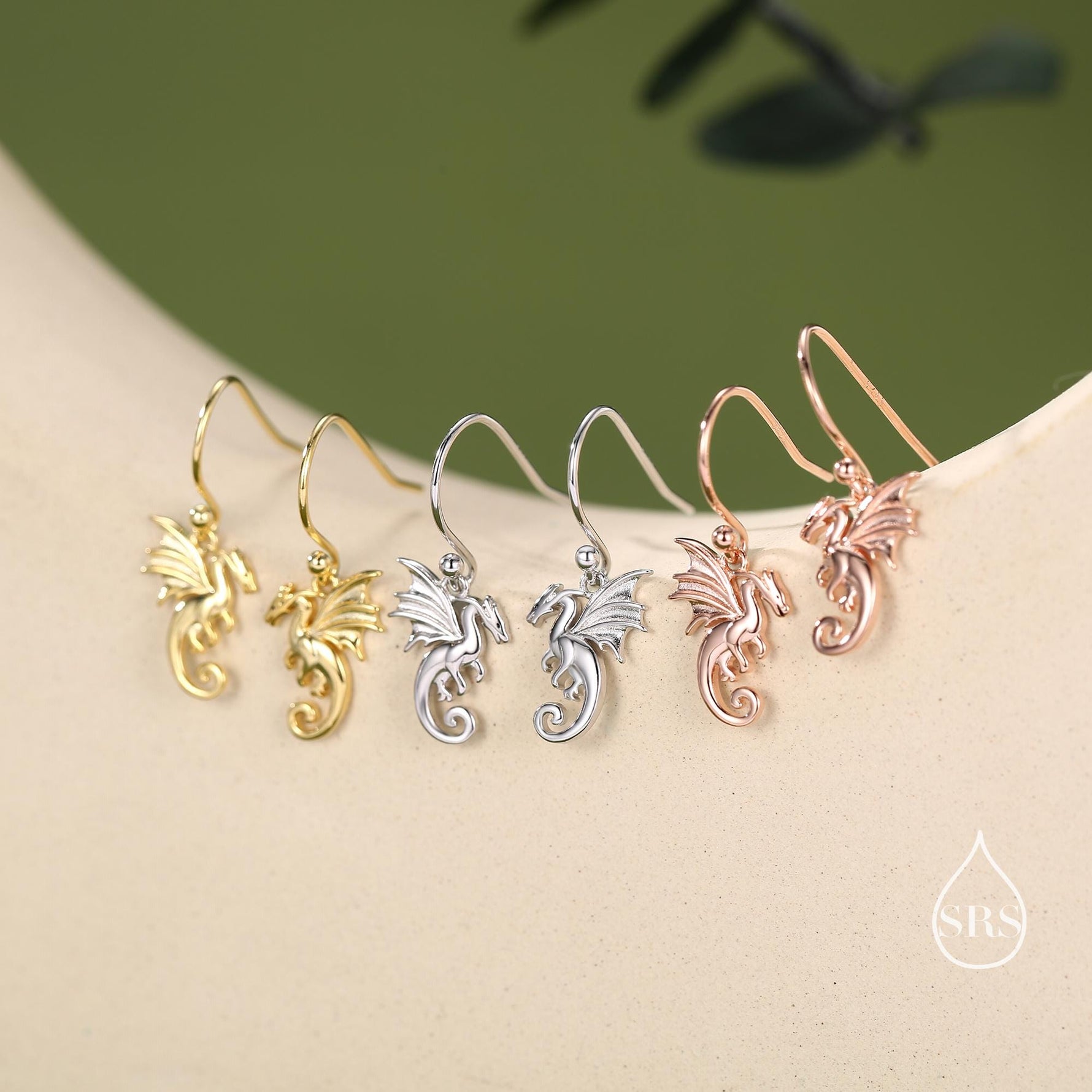 Tiny Flying Dragon Drop Hook Earrings in Sterling Silver, Silver or Gold or Rose Gold, Sterling Silver Flying Dragon Dangle Earrings