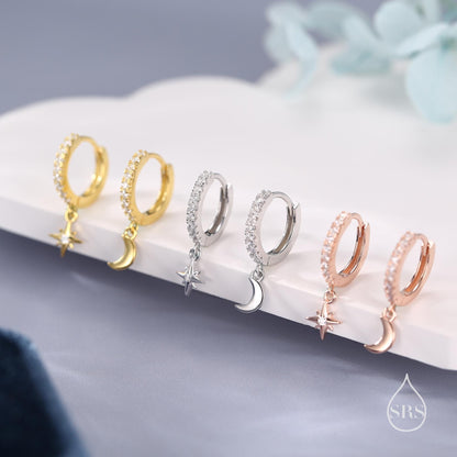 Asymmetric Moon and Star CZ Dangle Huggie Hoop Earrings in Sterling Silver, Silver, Gold or Rose Gold, Tiny Moon and Star Skinny Hoops