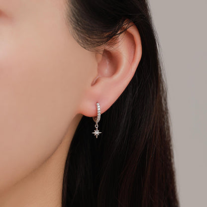 Asymmetric Moon and Star CZ Dangle Huggie Hoop Earrings in Sterling Silver, Silver, Gold or Rose Gold, Tiny Moon and Star Skinny Hoops