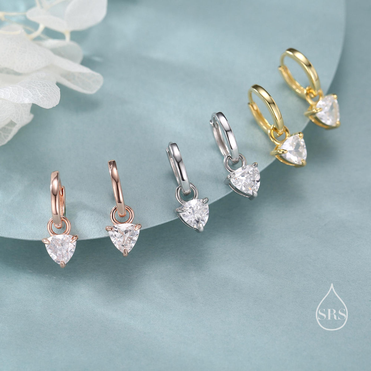 Sterling Silver Trillion Cut CZ Hoop Earrings, Silver, Gold or Rose Gold, Triangle Dangle Hoop Earrings, Interchangeable Charms