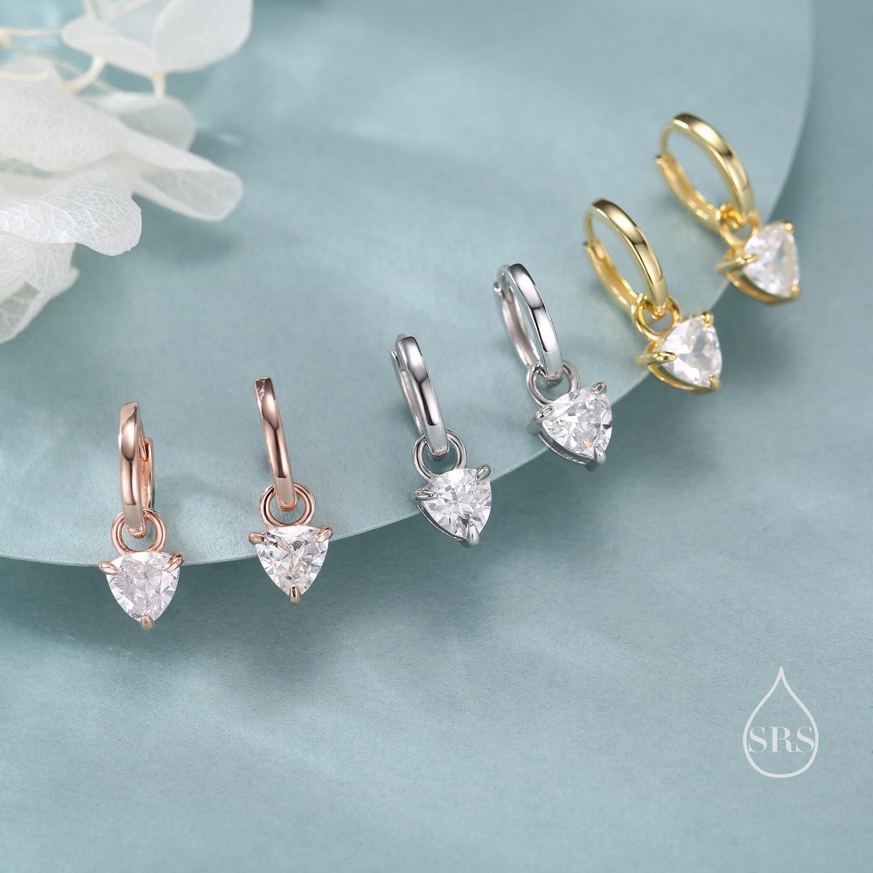 Sterling Silver Trillion Cut CZ Hoop Earrings, Silver, Gold or Rose Gold, Triangle Dangle Hoop Earrings, Interchangeable Charms