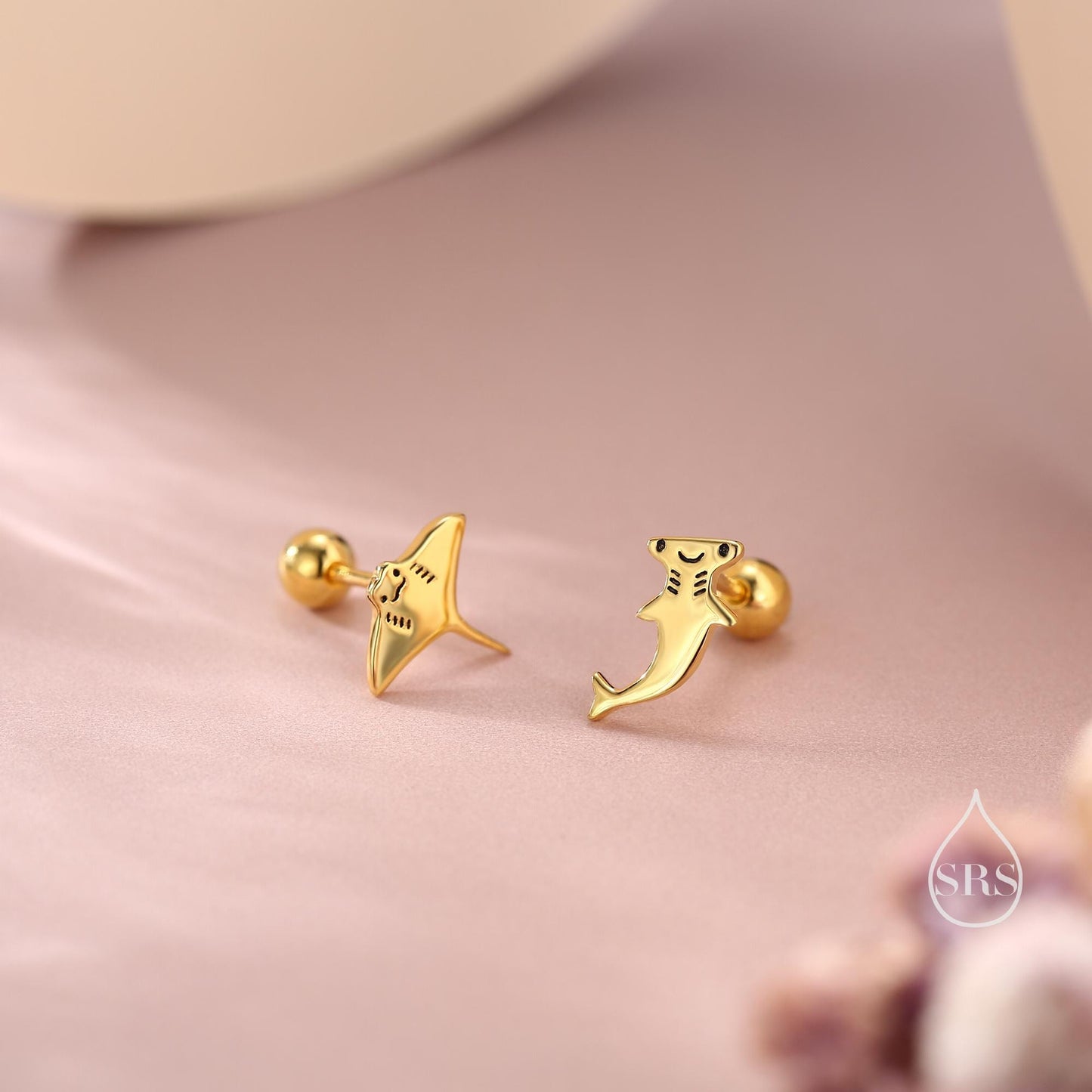 Screw Back Mismatched Kawaii Hammerhead Shark and Manta Ray Stud Earrings in Sterling Silver, Silver or Gold or Rose Gold,  Asymmetric