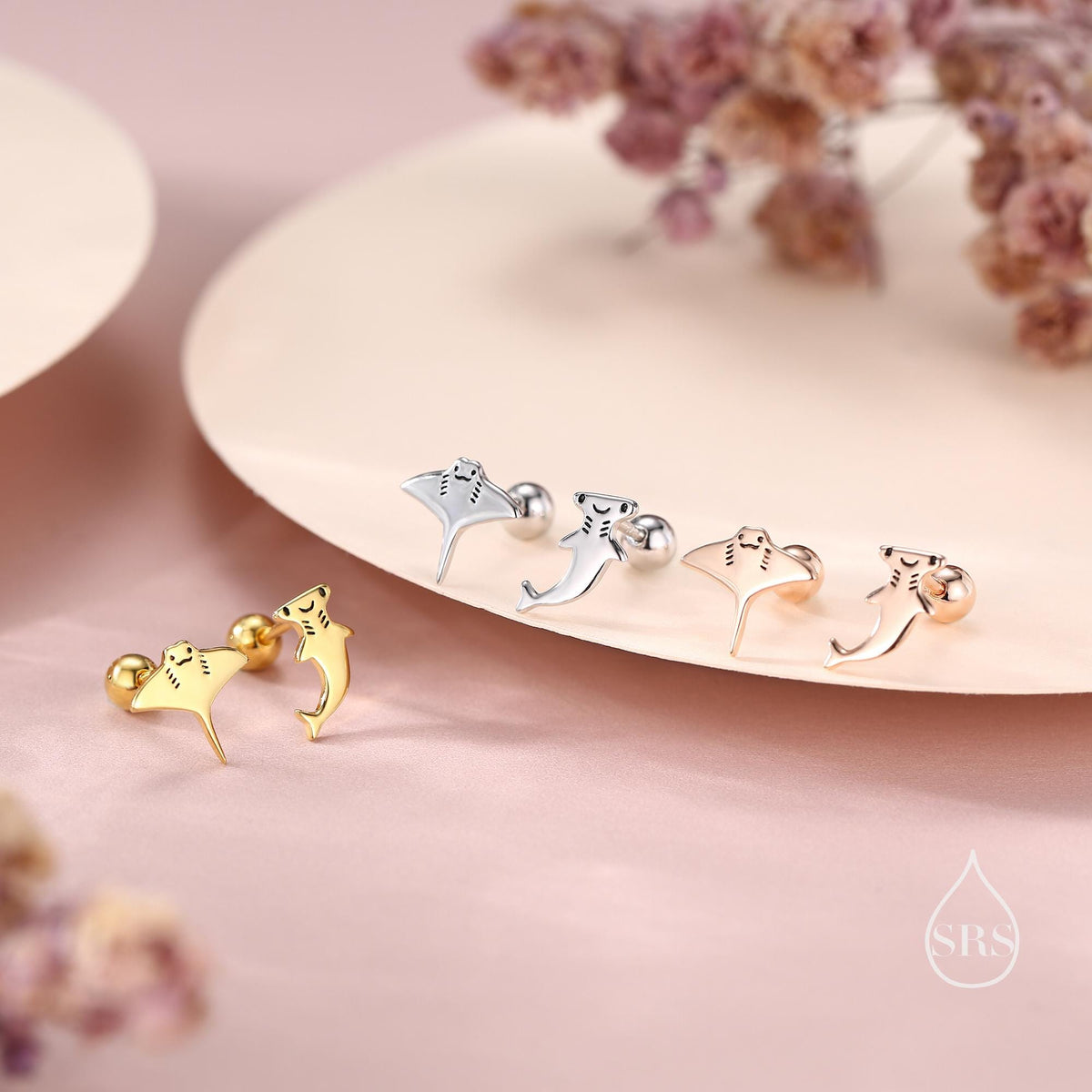 Mismatched Kawaii Hammerhead Shark & Manta Ray 18G Screw Back Earrings in Sterling Silver, Animal Earrings