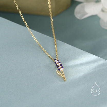 Extra Tiny Enamel Lavender Pendant Necklace in Sterling Silver, Silver or Gold, Small Lavender Flower Necklace