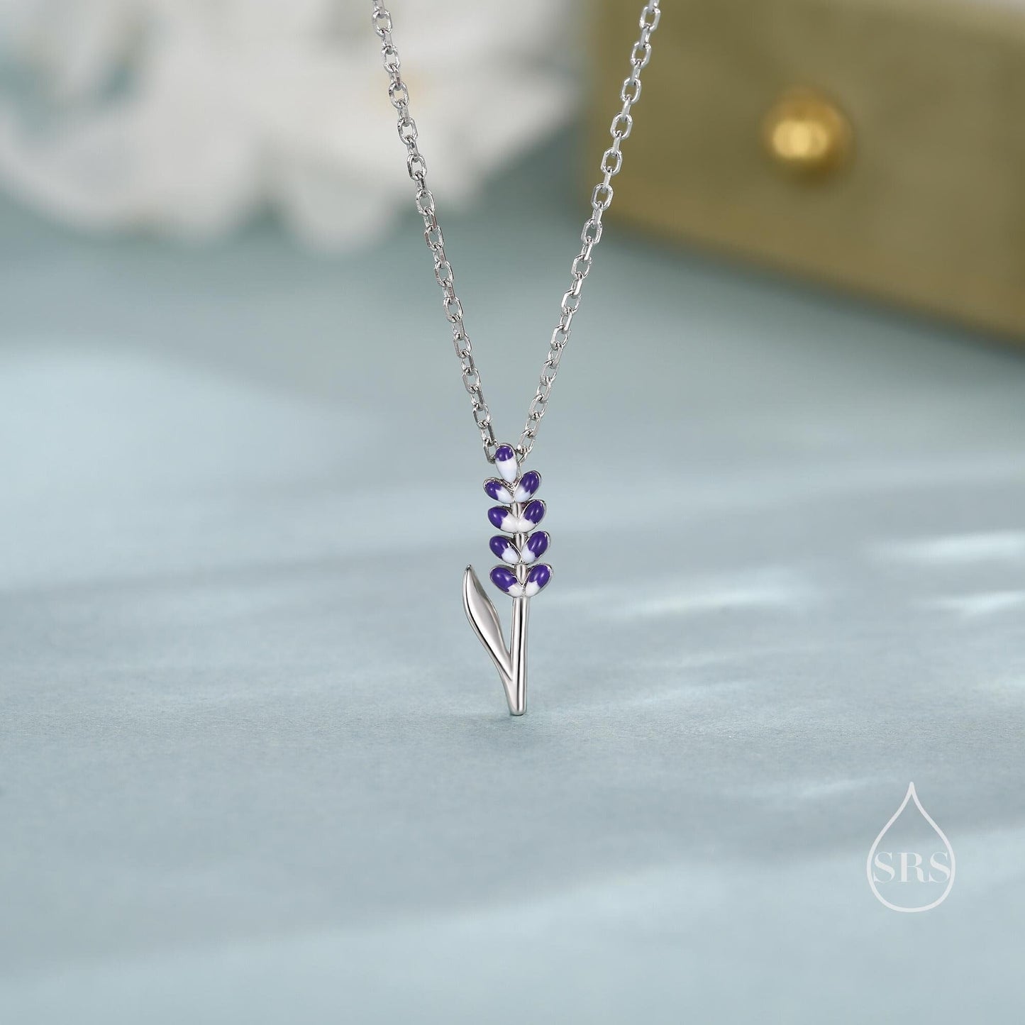 Extra Tiny Enamel Lavender Pendant Necklace in Sterling Silver, Silver or Gold, Small Lavender Flower Necklace