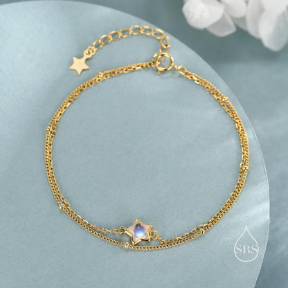 Simulated Moonstone Star Two Layer Bracelet in Sterling Silver, Silver or Gold or Rose Gold, Double Layer Star Starburst Bracelet