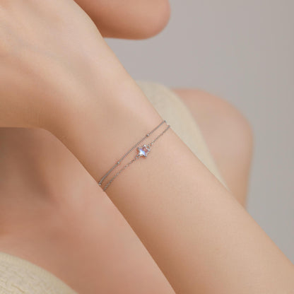 Simulated Moonstone Star Two Layer Bracelet in Sterling Silver, Silver or Gold or Rose Gold, Double Layer Star Starburst Bracelet