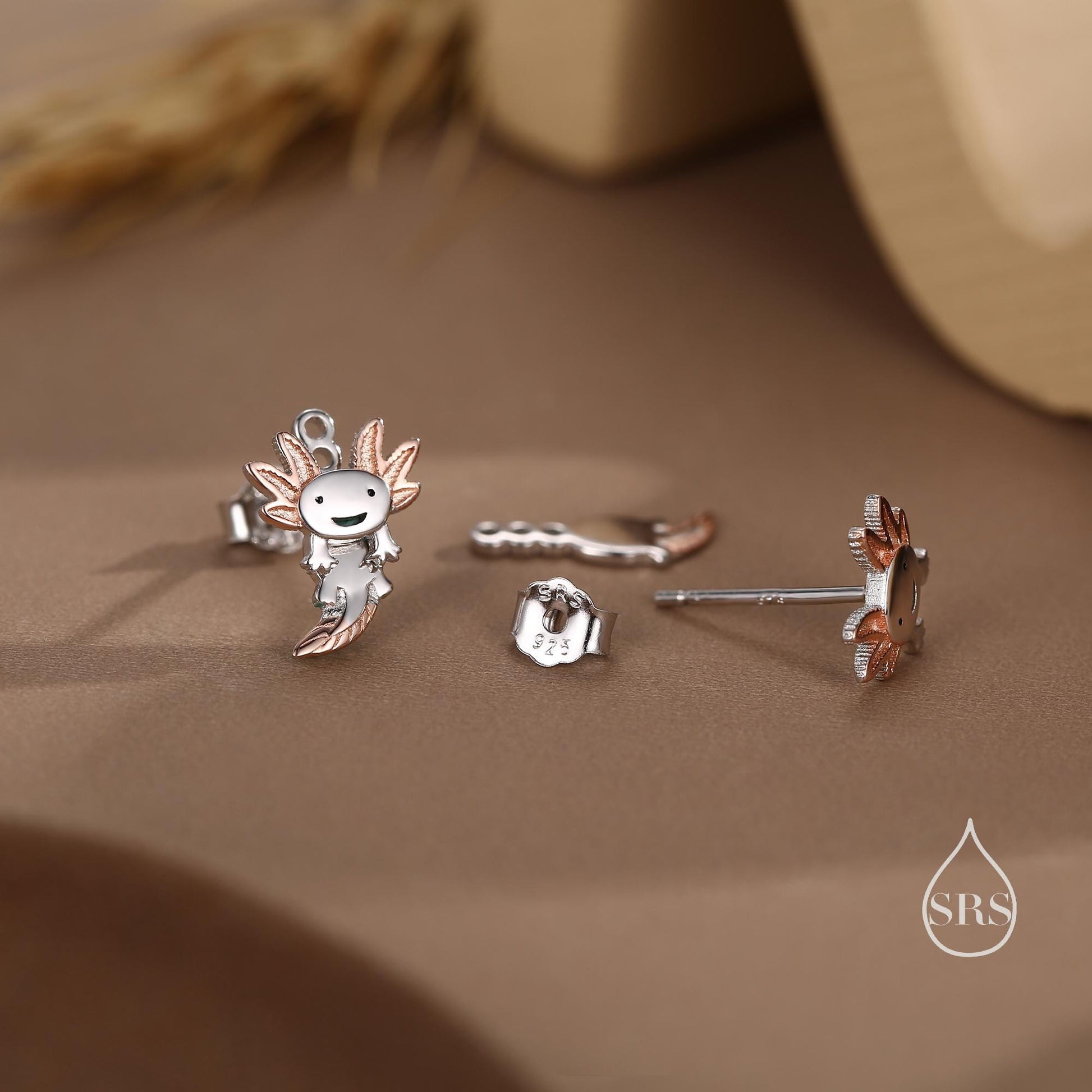 Tiny Cute Axolotl Two Part Stud Earrings in Sterling Silver - Silver Sea Creature Ear Jackets - Tiny Earrings - Cute, Fun, Whimsical