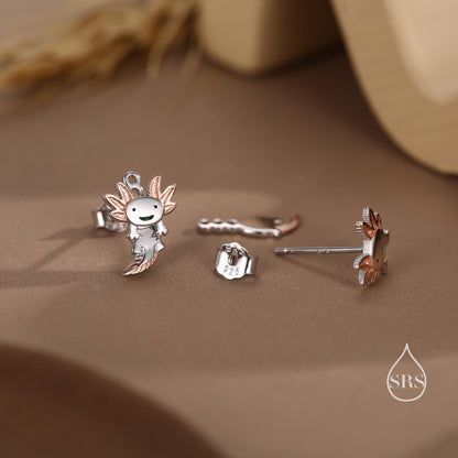 Tiny Cute Axolotl Two Part Stud Earrings in Sterling Silver - Silver Sea Creature Ear Jackets - Tiny Earrings - Cute, Fun, Whimsical