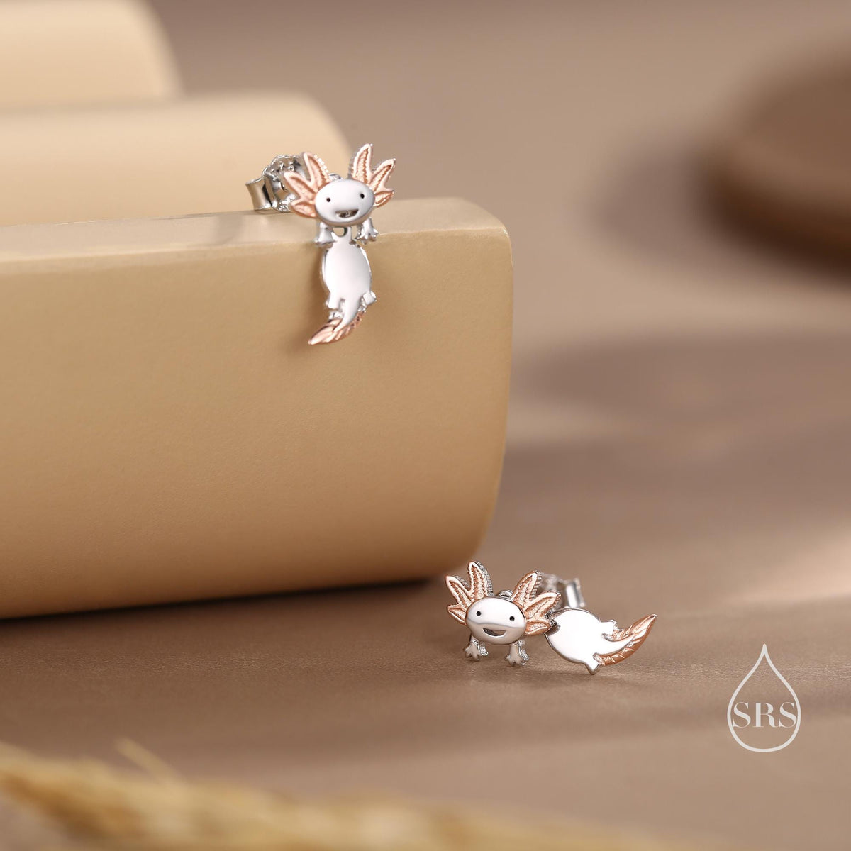 Tiny Cute Axolotl Two Part Stud Earrings in Sterling Silver - Silver Sea Creature Ear Jackets - Tiny Earrings - Cute, Fun, Whimsical