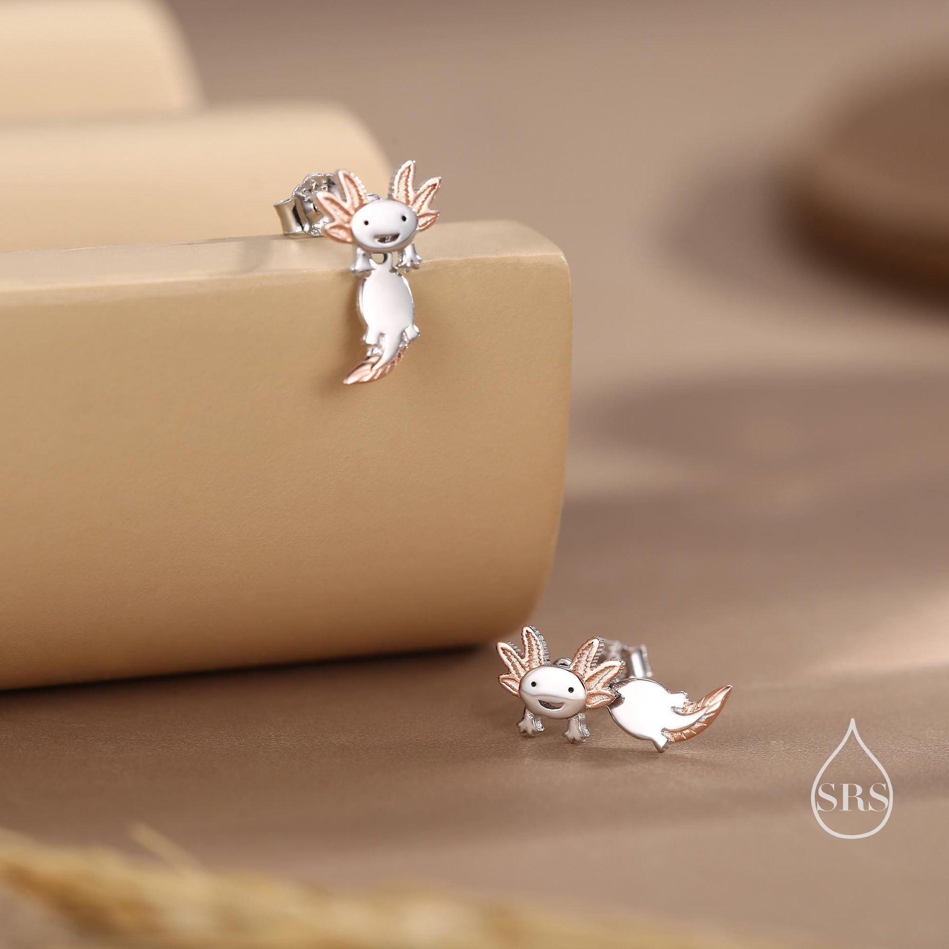 Tiny Cute Axolotl Two Part Stud Earrings in Sterling Silver - Silver Sea Creature Ear Jackets - Tiny Earrings - Cute, Fun, Whimsical