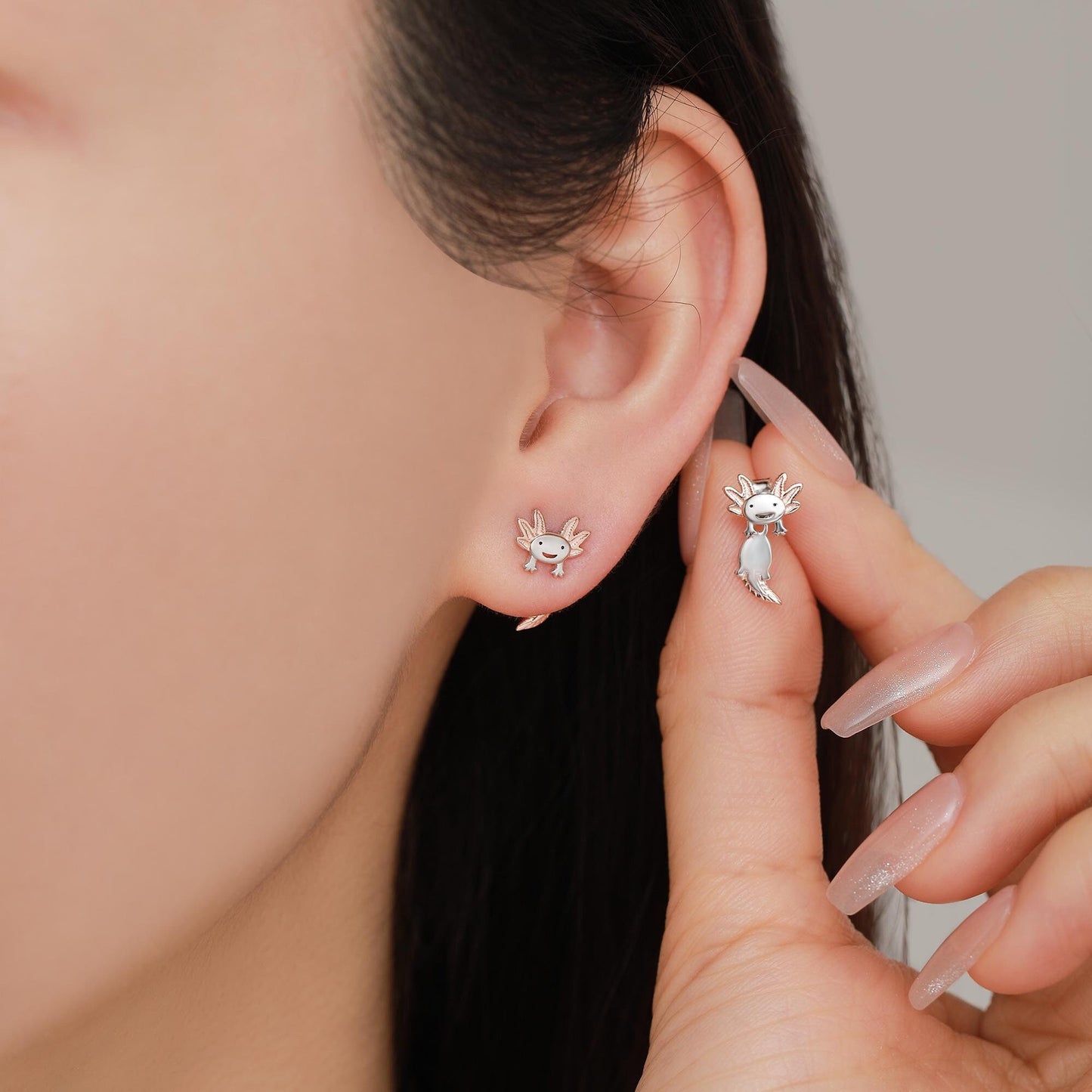 Tiny Cute Axolotl Two Part Stud Earrings in Sterling Silver - Silver Sea Creature Ear Jackets - Tiny Earrings - Cute, Fun, Whimsical