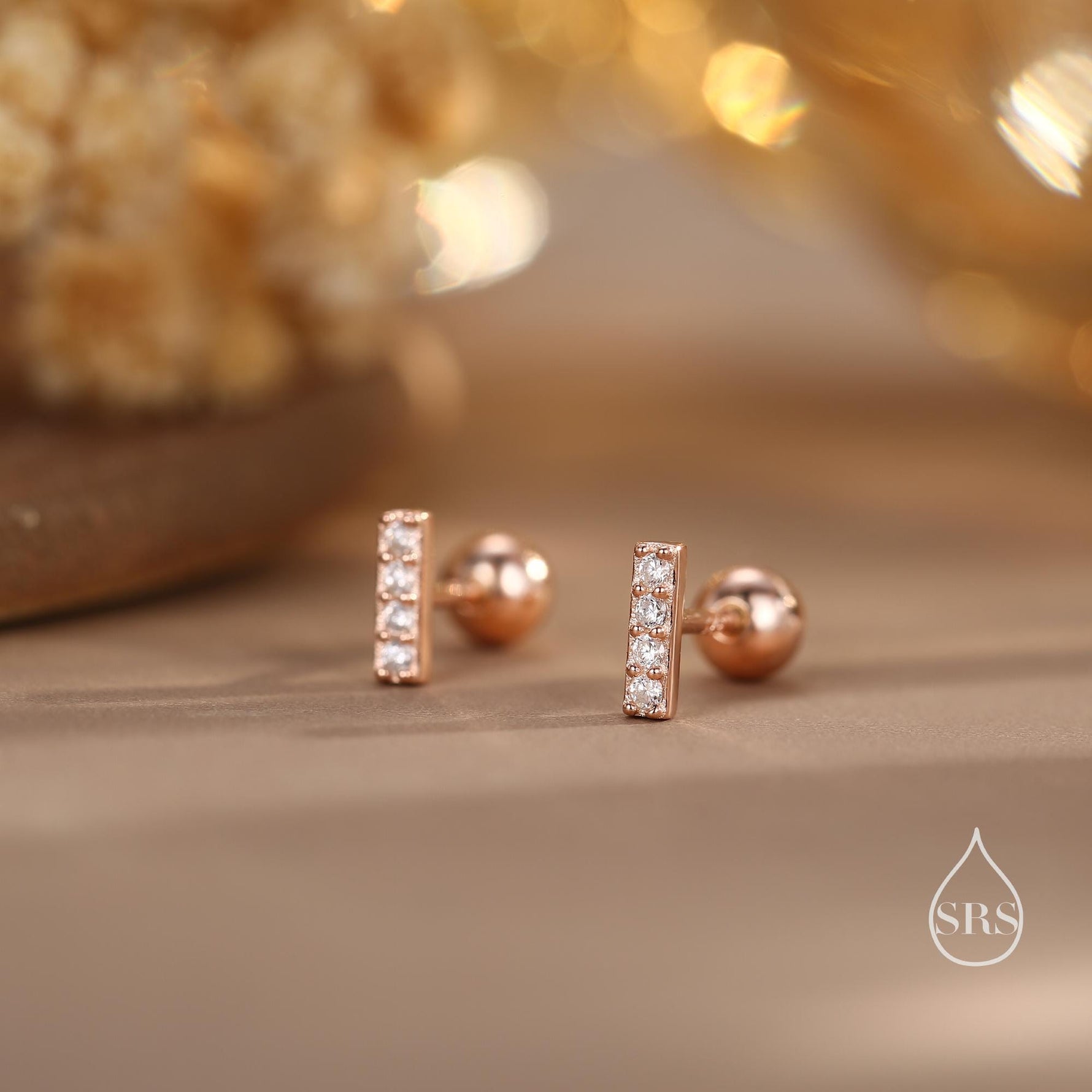 Extra Tiny CZ Bar Screw Back / Stud Earrings in Sterling Silver, Silver or Gold or Rose Gold, Stacking Barbell Earrings, Helix Earrings