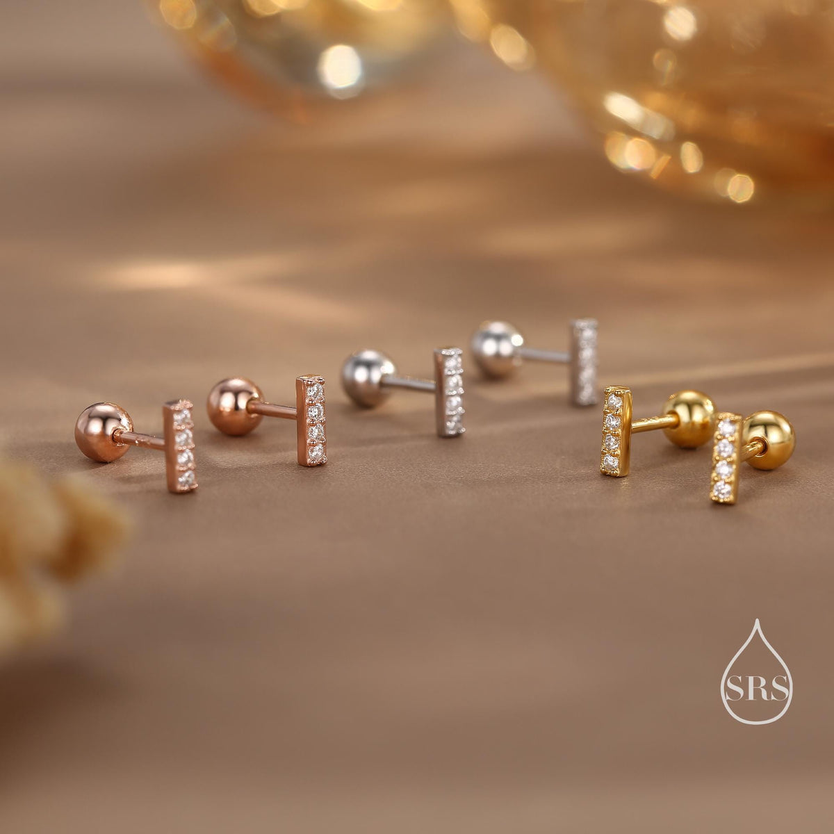 Extra Tiny CZ Bar Screw Back / Stud Earrings in Sterling Silver, Silver or Gold or Rose Gold, Stacking Barbell Earrings, Helix Earrings