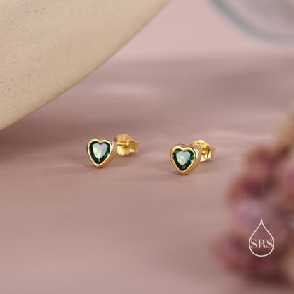 Tiny Emerald Green CZ Heart Stud Earrings in Sterling Silver, Silver or Gold, Green Crystal Heart Earrings, Stacking Earrings