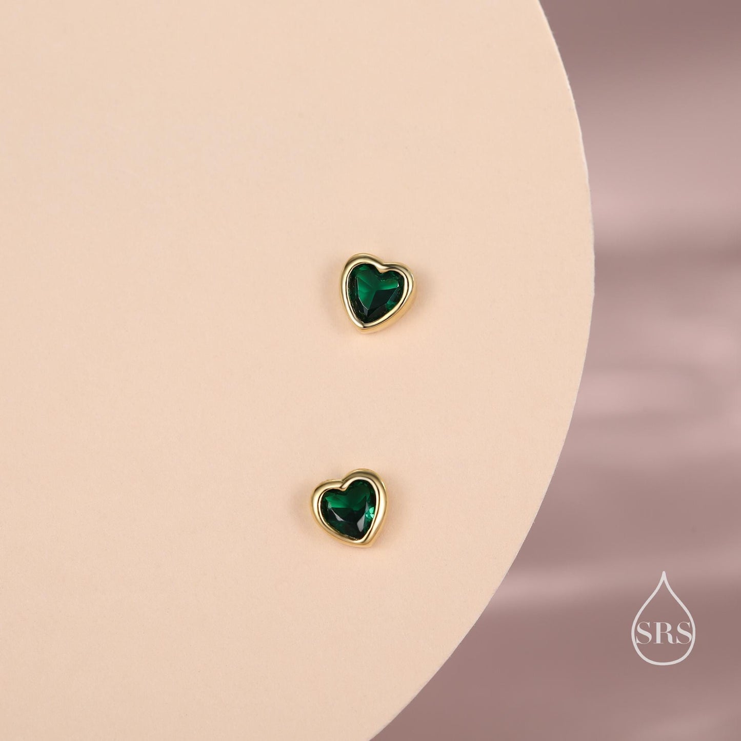 Tiny Emerald Green CZ Heart Stud Earrings in Sterling Silver, Silver or Gold, Green Crystal Heart Earrings, Stacking Earrings