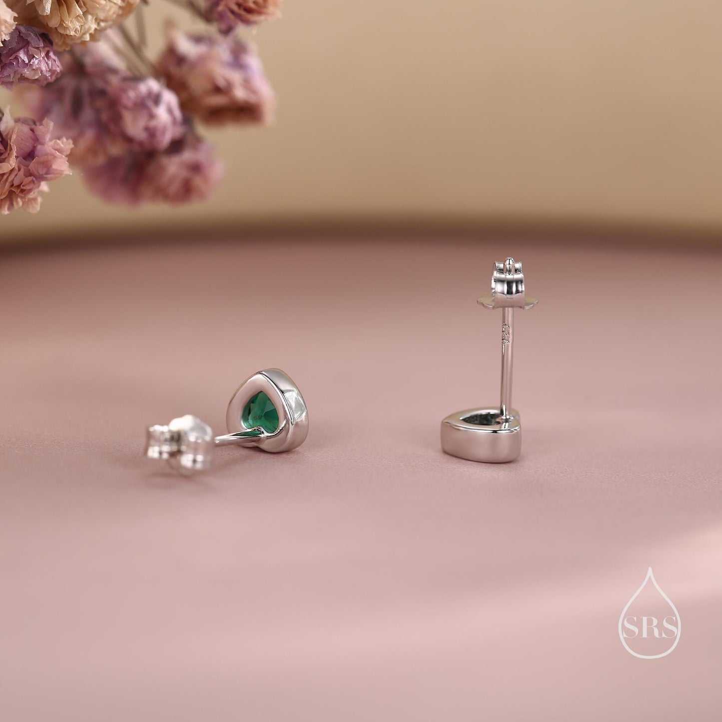 Tiny Emerald Green CZ Heart Stud Earrings in Sterling Silver, Silver or Gold, Green Crystal Heart Earrings, Stacking Earrings