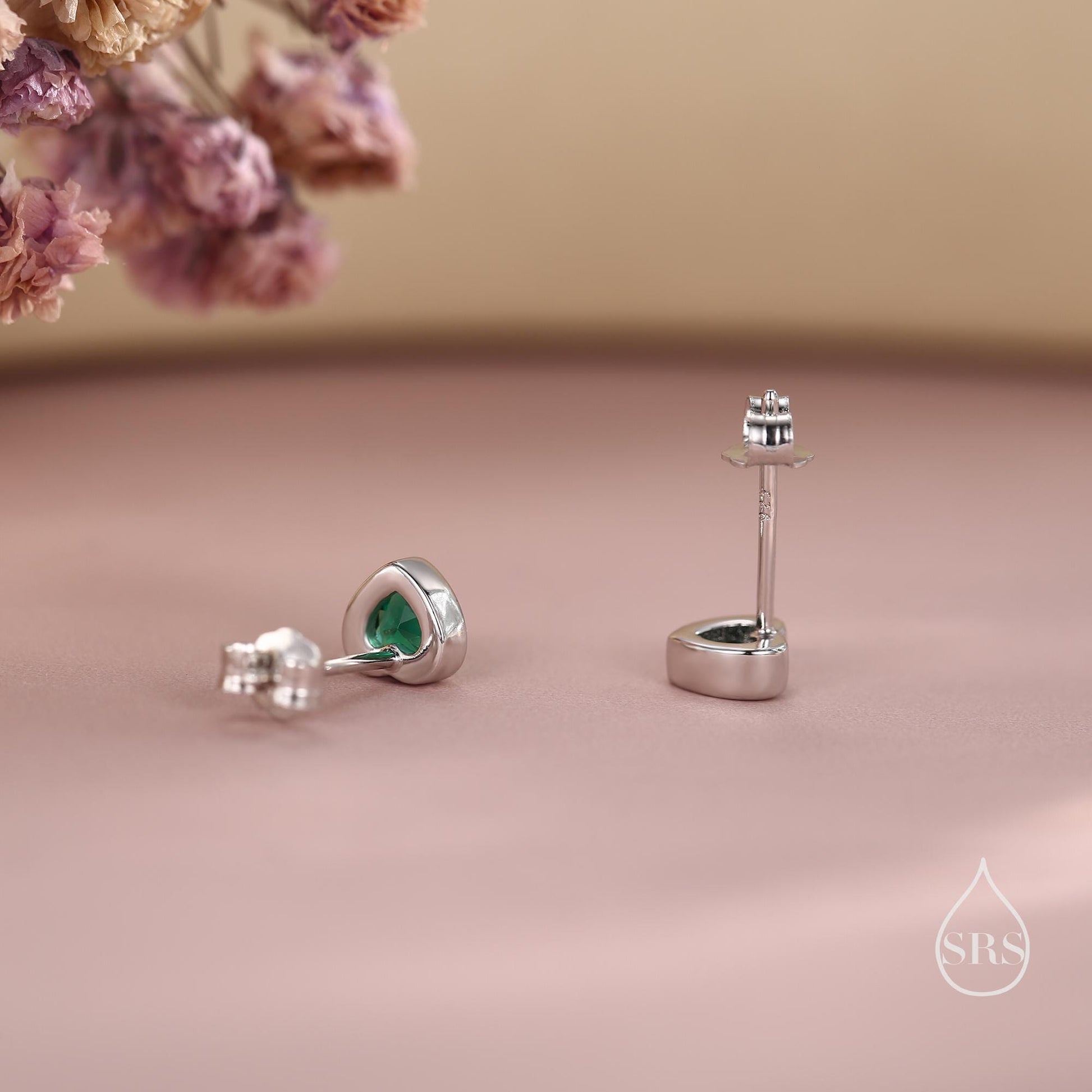 Tiny Emerald Green CZ Heart Stud Earrings in Sterling Silver, Silver or Gold, Green Crystal Heart Earrings, Stacking Earrings