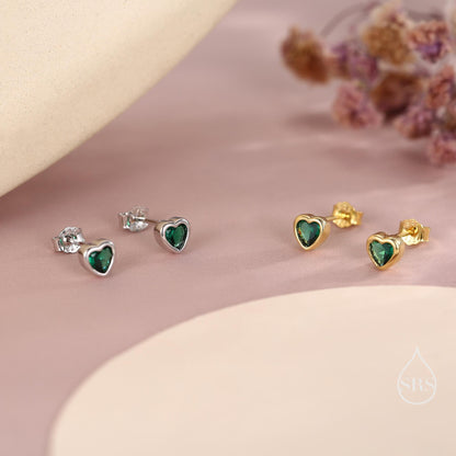 Tiny Emerald Green CZ Heart Stud Earrings in Sterling Silver, Silver or Gold, Green Crystal Heart Earrings, Stacking Earrings