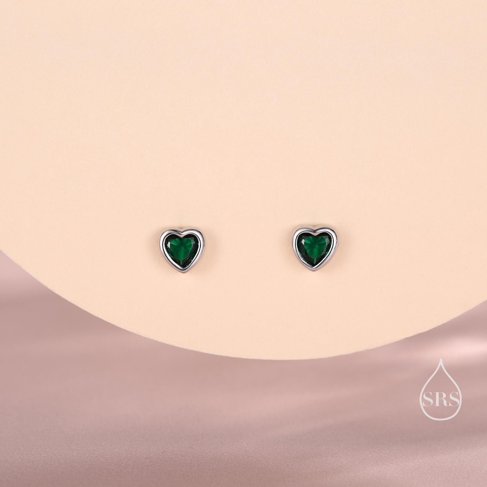 Tiny Emerald Green CZ Heart Stud Earrings in Sterling Silver, Silver or Gold, Green Crystal Heart Earrings, Stacking Earrings