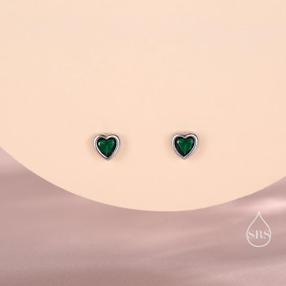 Tiny Emerald Green CZ Heart Stud Earrings in Sterling Silver, Silver or Gold, Green Crystal Heart Earrings, Stacking Earrings