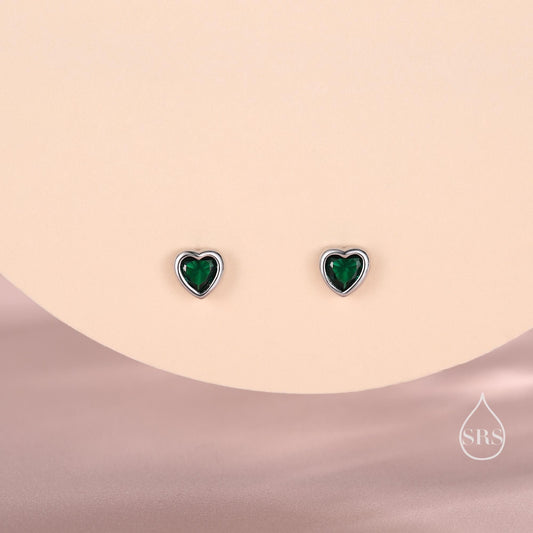 Tiny Emerald Green CZ Heart Stud Earrings in Sterling Silver, Silver or Gold, Green Crystal Heart Earrings, Stacking Earrings