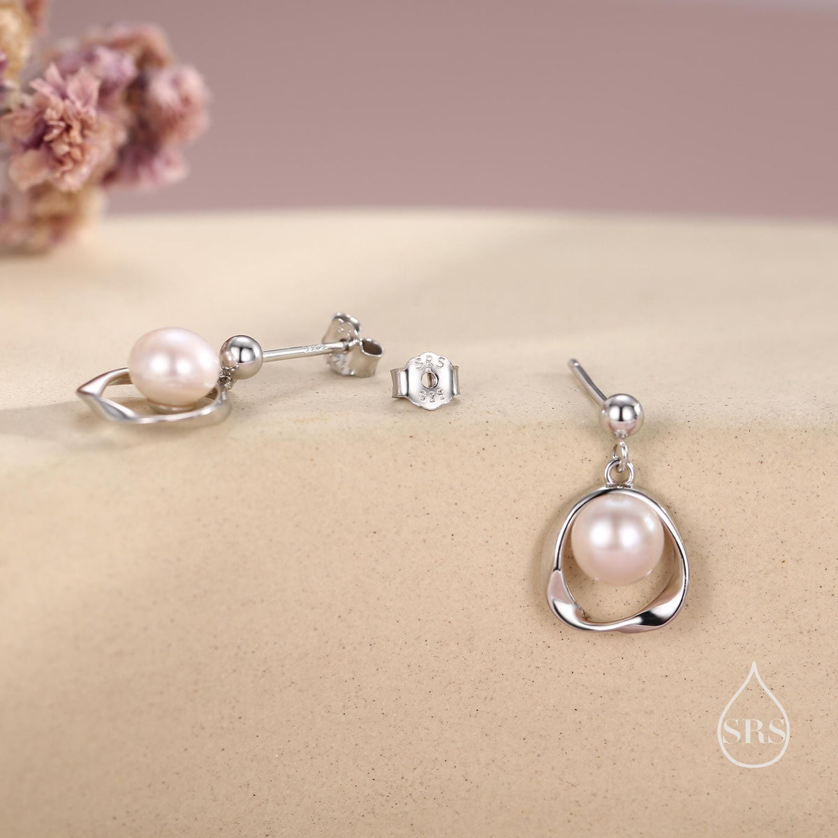 Genuine Freshwater Pearl and Mobius Circle Dangle Drop Earrings in Sterling Silver, Delicate Keshi Pearl Halo Earrings, Genuine Pearls