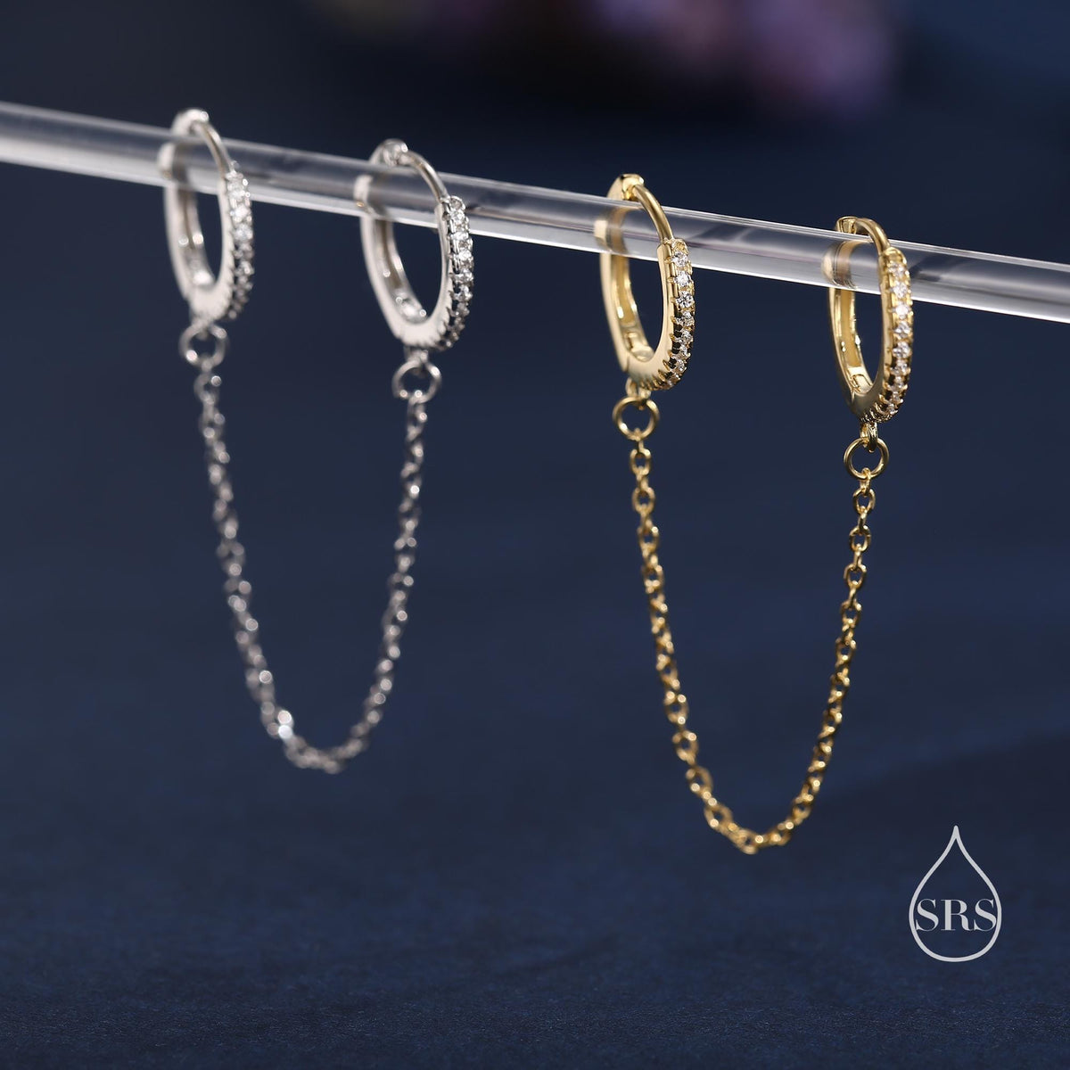 CZ Huggie Hoop Earrings with a Linking Chain, Chained Hoop Earrings, Linked Hoops, Linked Crystal Hoops