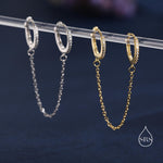 CZ Huggie Hoop Earrings with a Linking Chain, Chained Hoop Earrings, Linked Hoops, Linked Crystal Hoops