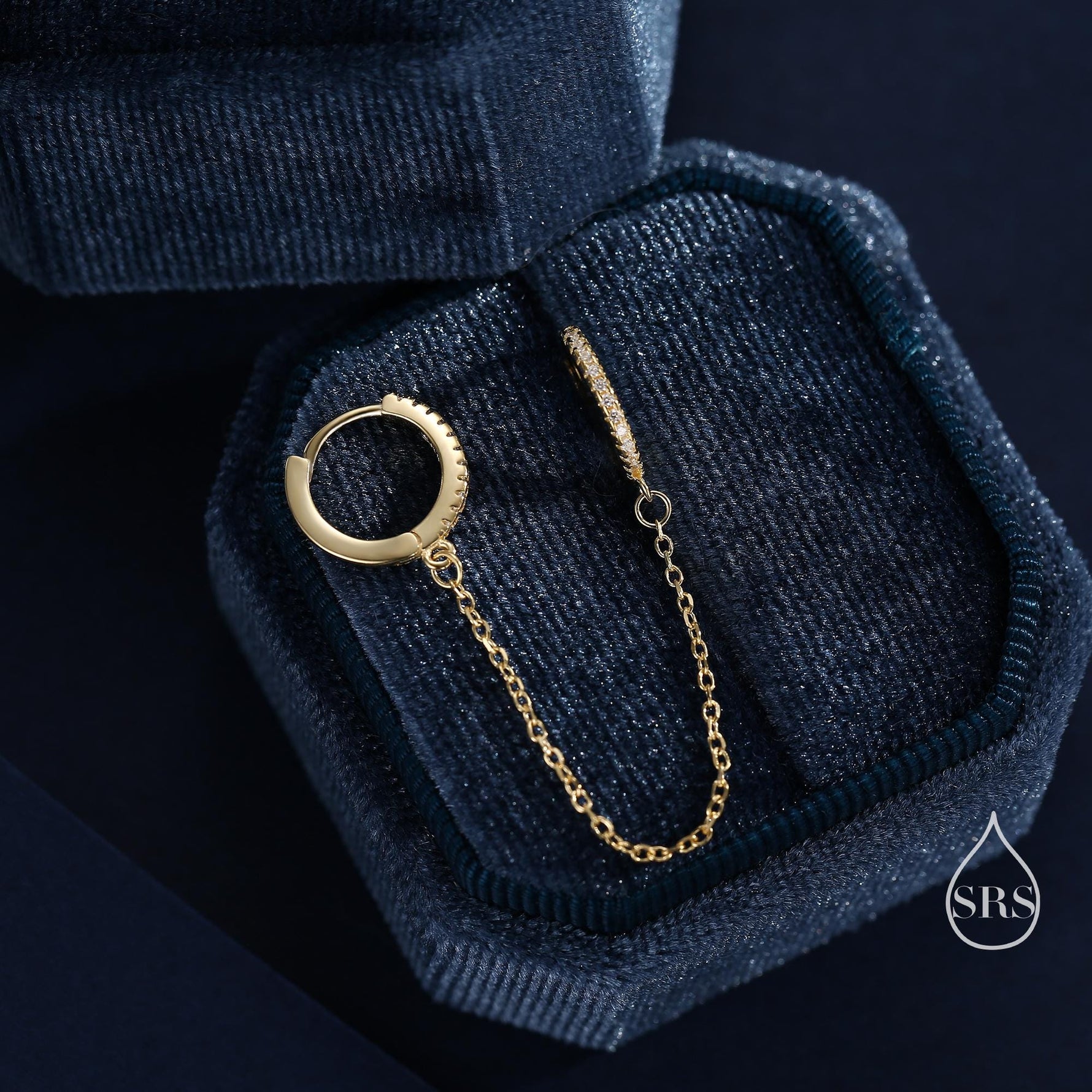 CZ Huggie Hoop Earrings with a Linking Chain, Chained Hoop Earrings, Linked Hoops, Linked Crystal Hoops