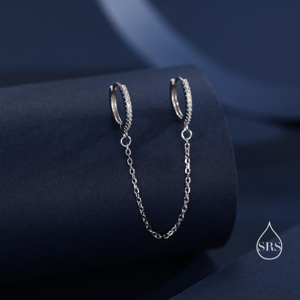 CZ Huggie Hoop Earrings with a Linking Chain, Chained Hoop Earrings, Linked Hoops, Linked Crystal Hoops