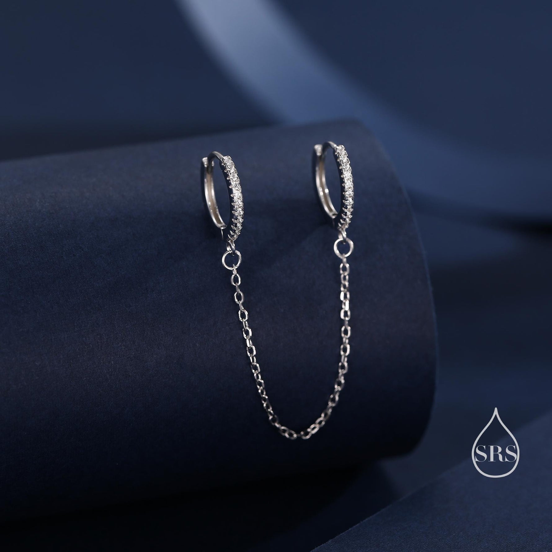 CZ Huggie Hoop Earrings with a Linking Chain, Chained Hoop Earrings, Linked Hoops, Linked Crystal Hoops